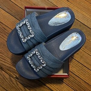 Liliana Blue Slide Sandals with Crystal Buckle